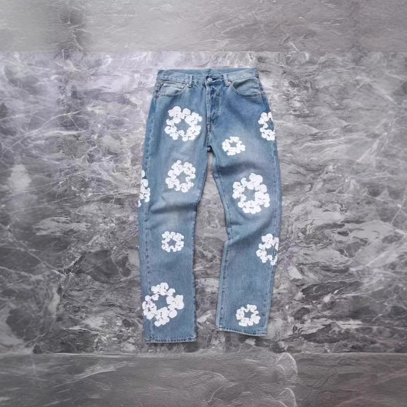 Cross-Border E-Commerce 2024 New Embroidered Kapok Loose Straight-Leg Casual Men's and Women's Jeans Fashion Couple Pants