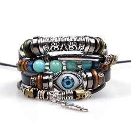 饰品欧美新款多层串珠蓝色眼睛牛皮手链可调节潮流手饰蓝眼