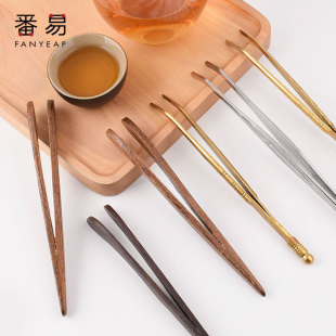 Free Shipping/10Y Tea Tongs A1P30 - Stainless Steel Copper Tea Leaf Tweezers Tea Cup Clip Bamboo Wood