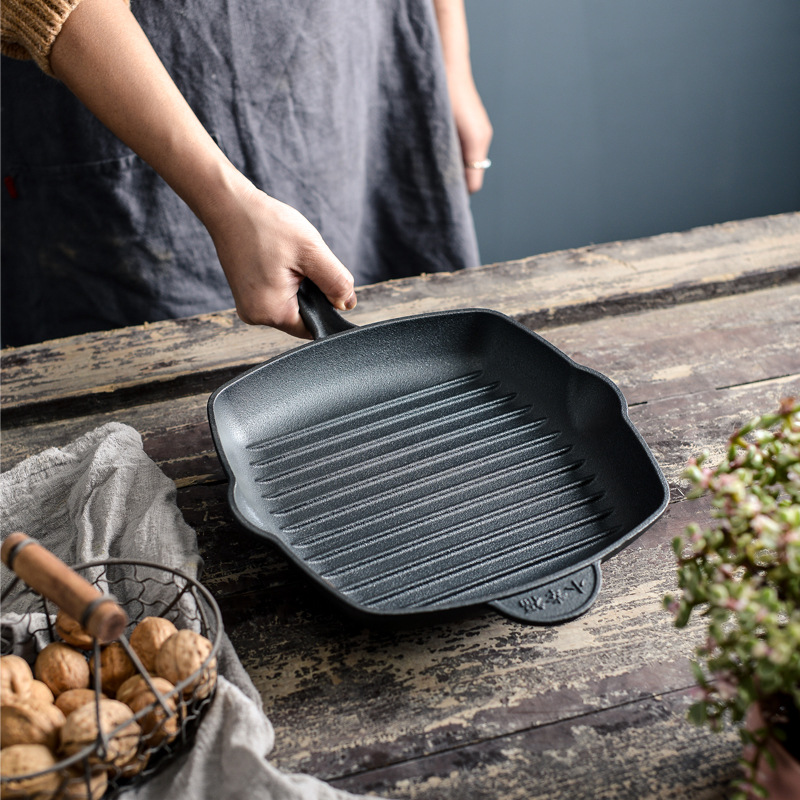 Grueso filete de hierro fundido sartén a rayas filete no recubierto antiadherente hogar frito filete sartén especial fondo plano sartén