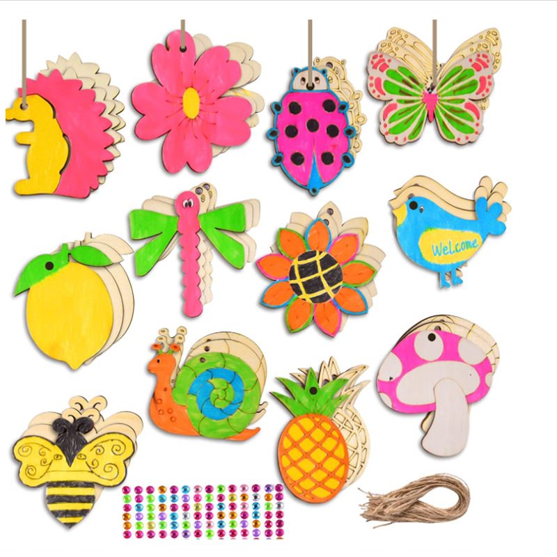 木制工艺品挂饰未完成的木片花卉儿童手绘涂鸦卡通空白diy小木片