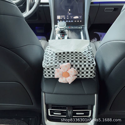box for armrest, cute cartoon: Car tissue box/set - pink-floral-pattern-black-and-white-bubble-grid-tissue-box-armrest-box-version