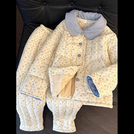 甜美风小碎花三层夹棉睡衣女冬季新款加绒保暖棉袄家居服大码套装