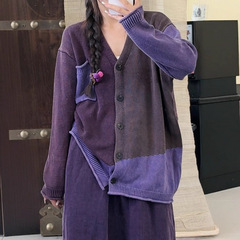 拼接撞色针织开衫 2025秋季新款 慵懒显瘦V领单排扣上衣女外套383