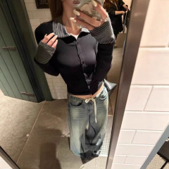 好穿top!条纹拼接假两件打底衫女小个子秋冬修身堆堆领T恤