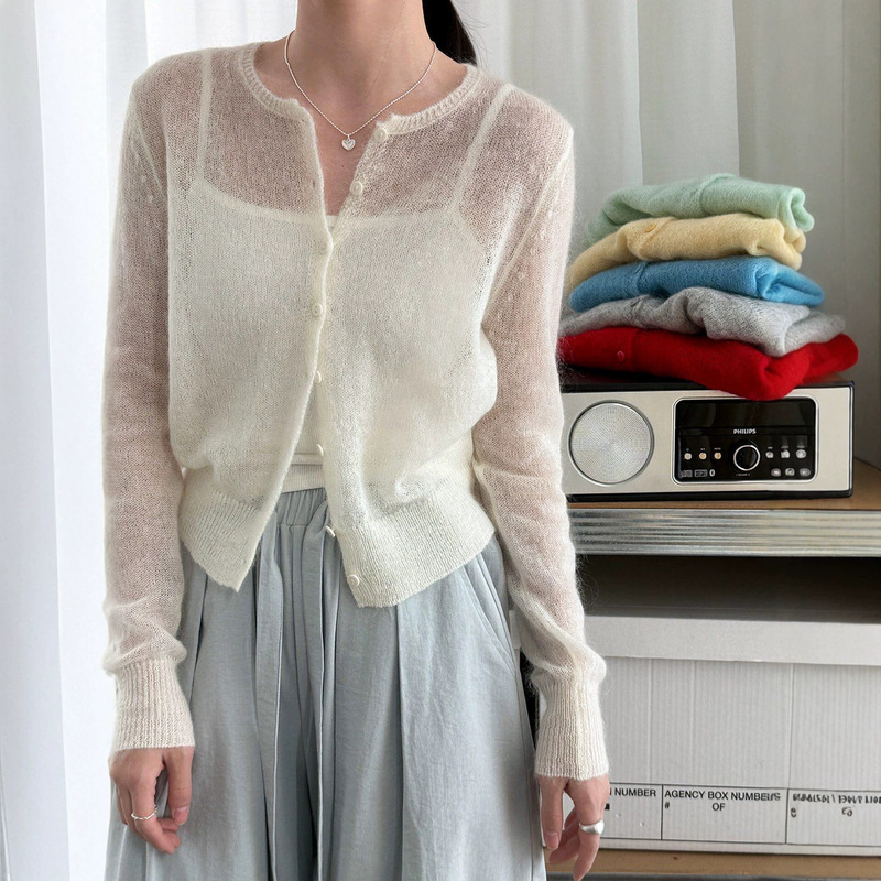 Korean and Japanese style light-colored short thin transparent knit cardigan for women, suitable for layering as an outerwear, stylish and age-reducing top Korean and Japanese style light-colored short thin transparent knit cardigan for women, suitable for layering as an outerwear, stylish and age-reducing top
