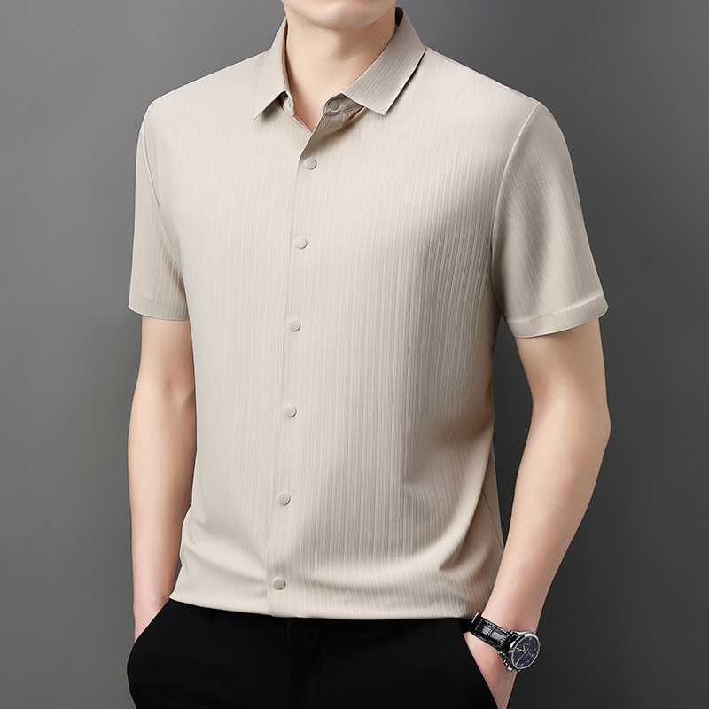 2025 Middle-Aged Short-Sleeved Fashionable Casual Men's Shirt Summer New Lapel Ice Silk Seamless Men's Shirt Cardigan