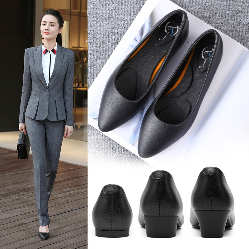 Work shoes women's autumn and winter single-layer shoes flat mid heel chunky heel low heel pointed leather shoes soft bottom black small size plus size women's shoes