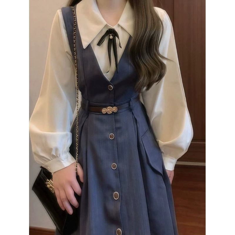 Французский осенний литературный ретро новый жилет-платье, длиннорубашечная рубашка для колледжа, комплект из двух предметов, уменьшающий талию