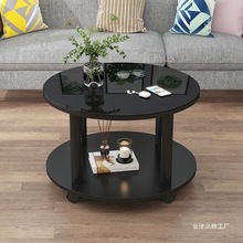 圆形岩板玻璃木板茶几小户型客厅家用边几喝茶桌加轮子可移动阳台
