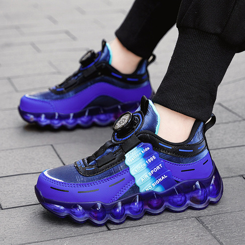Kids' Shoes 5-8 Years Old Leather Surface Sports Shoes 2025 Model Boy's Rotating Button Shoes Children Breathable Mesh Running Shoes