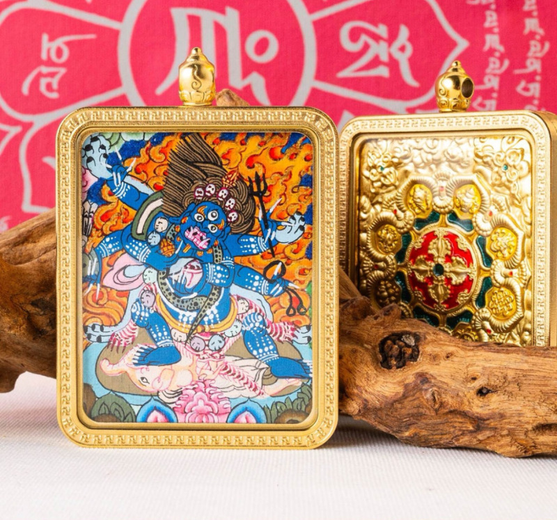 チベット熱功タンカ純粋な手描きのザキラム黄色の富の神干支文殊菩薩誕生仏ペンダント|undefined