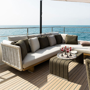 Scandinavian Outdoor Teak Rattan Sofa Combination Outdoor Courtyard Garden Terrace Leisure Waterproof Sunscreen Rattan Chair Sofa