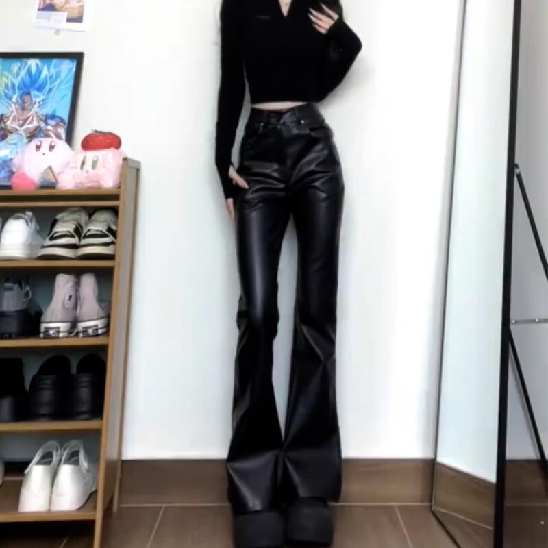 Black Micro-horn Leather Pants Women's Autumn New plus size Micro-fat Girl Slim American-style PU Leather Pants High Waist Trousers