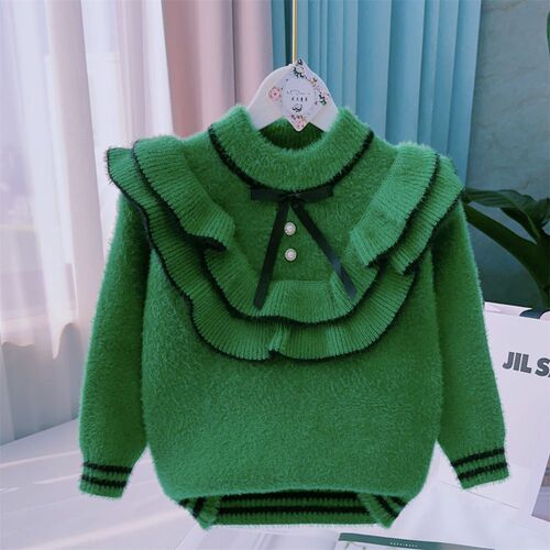 Children's Knitwear 2025 Autumn/Winter New Design with Bow Edge Lining and Thick Warm Hooded Top Bottom Shirt Other