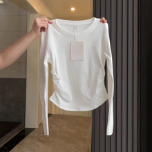收腰设计感正肩长袖T恤女2025秋季褶皱修身内搭打底衫纯棉短上衣