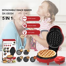 110V跨境一件代发小型华夫机5in1换盘迷你早餐机卡通披萨甜甜圈机