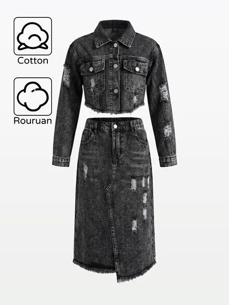 Amazon Cross-Border Girls' European and American Ins Style Casual Versatile Short Denim Skirt and Jacket Set for Older Children