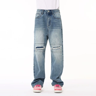 MTLCLOTHES男装|2024夏款新品 蓝色双膝破洞设计休闲牛仔长裤男