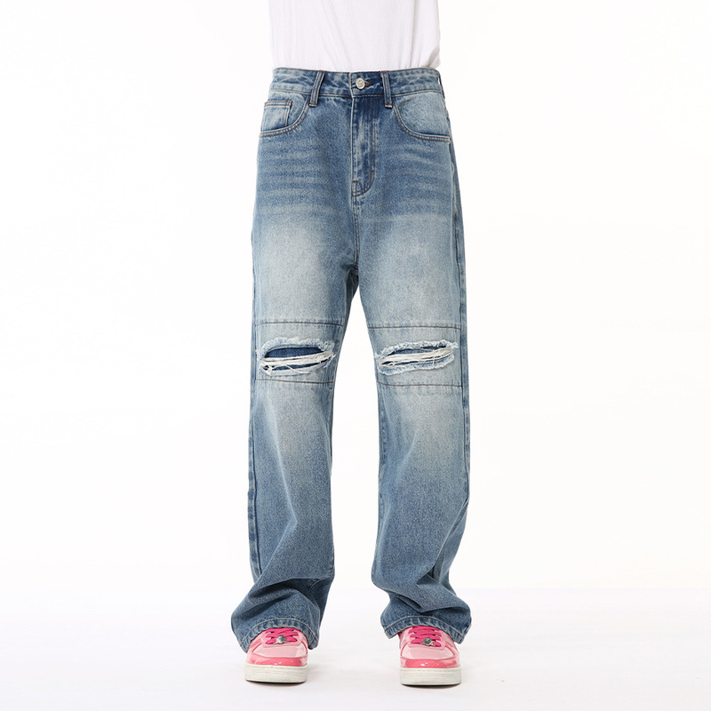 Mtlclothes Men's Clothing | 2024 Summer New Product Blue Double Knee Hole Design Casual Denim Trousers for Men