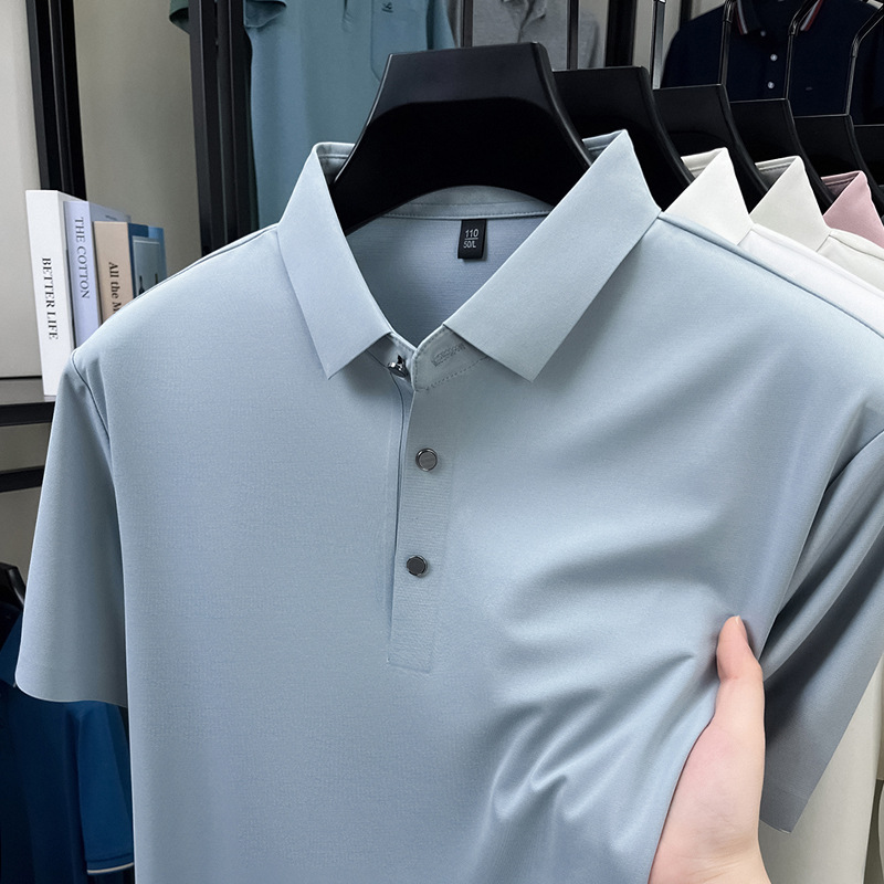 2025 Summer New Business Casual High-Quality Quick-Drying Polo Shirt Containing Mulberry Silk Pure Color Lapel Polo Shirt for Men