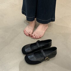 晚风小圆头软底浅口单鞋女一字扣带奶奶鞋配裙子韩系一脚蹬芭蕾鞋