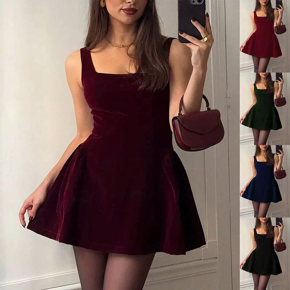 欧美跨境外贸女装亚马逊独立站法式优雅时尚约会装丝绒吊带连衣裙