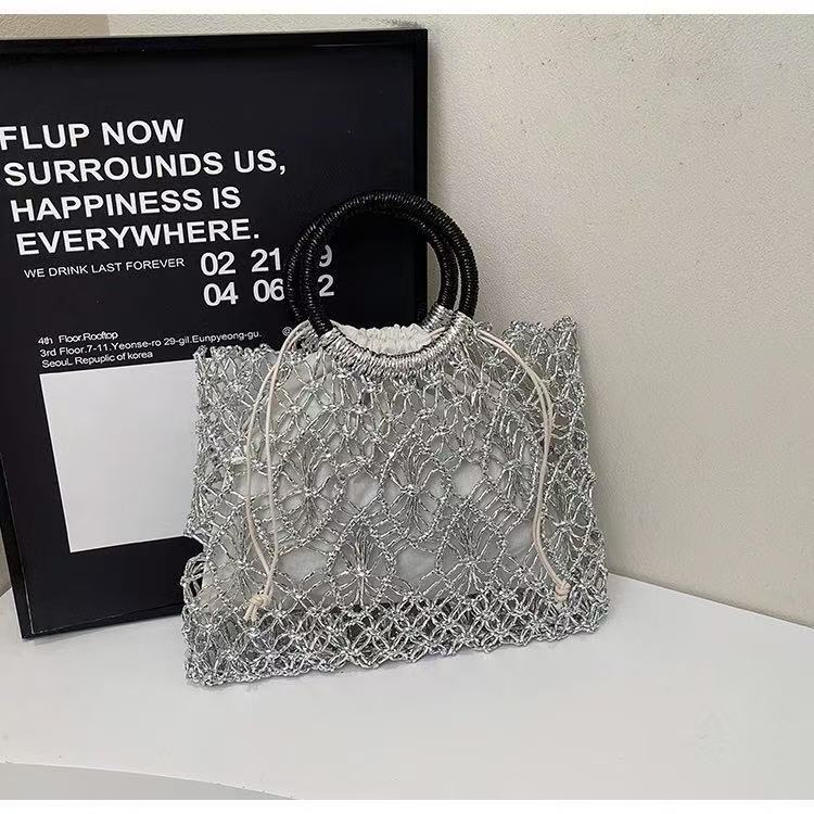 金銀糸明るいロープメッシュバッグ中空織バッグフォレストスタイル大容量ポータブルトートバッグ夏のビーチレディースバッグ|undefined