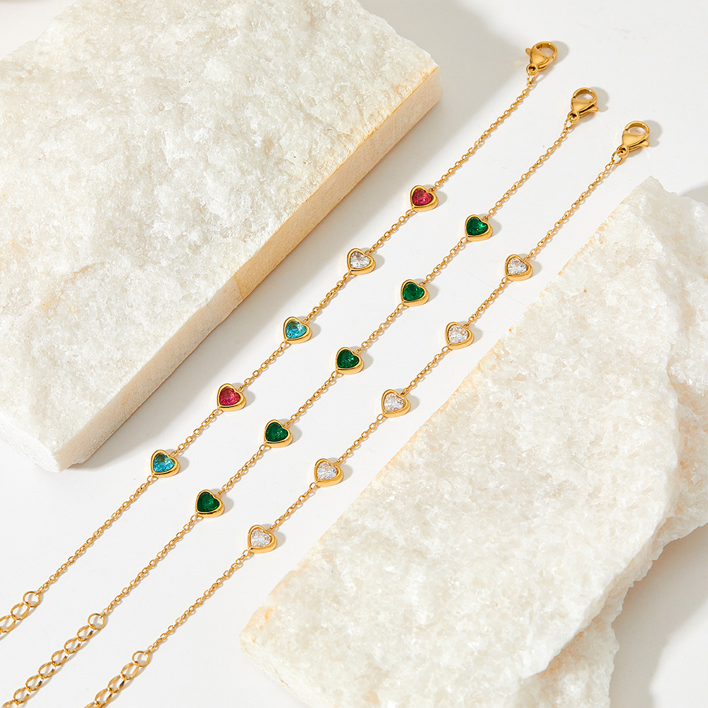 Sweet Heart Shape Stainless Steel Titanium Steel Plating Inlay Zircon Bracelets Necklace