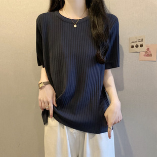 Real Shot of New Plus Size Women's Summer Clothes for Fat Girls, Slim Round Neck, Irregular Pit Striped Short-Sleeved Shirt Tops