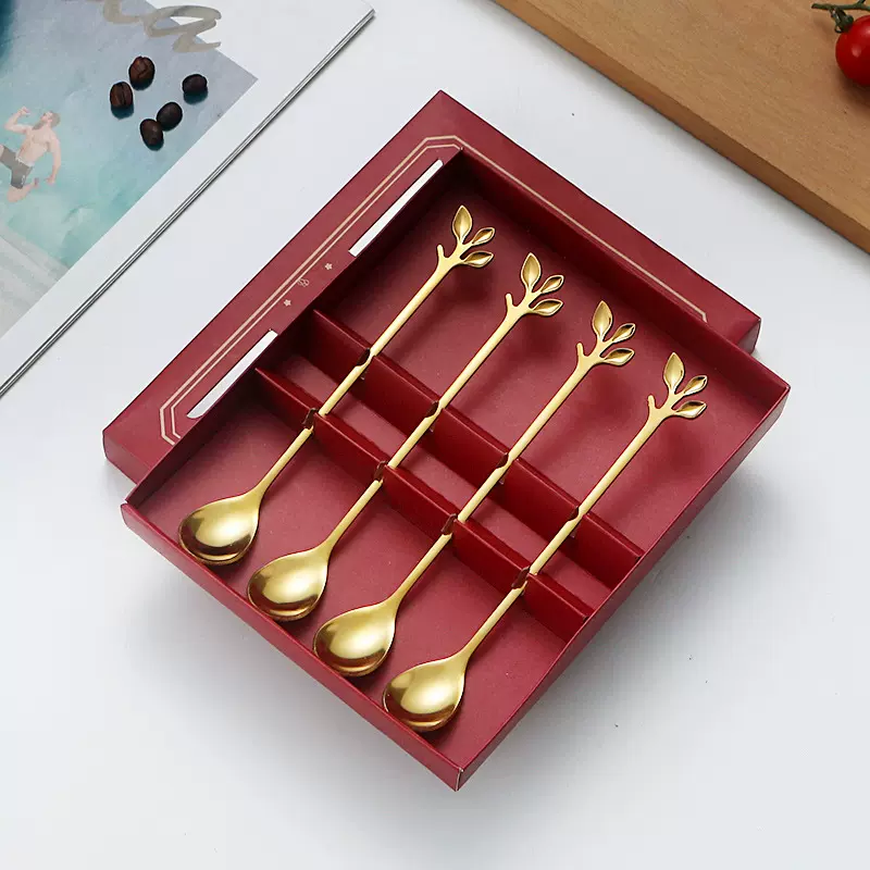 不锈钢勺子树叶勺外卖勺甜品搅拌勺咖啡勺礼盒套装金色餐具燕窝勺