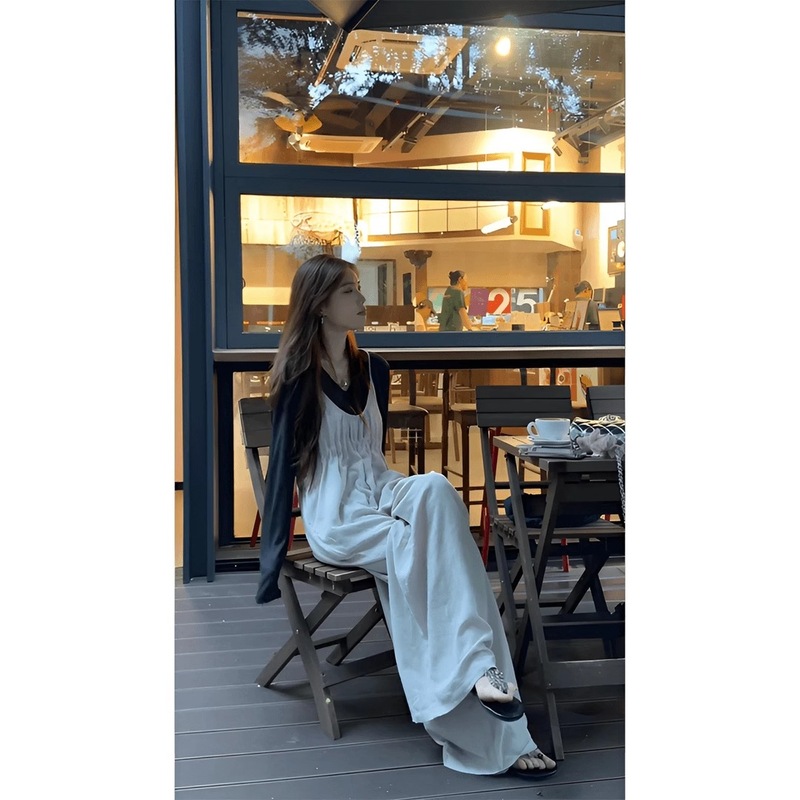 2025夏天巨好看的套装女 洋气别致背带裤内搭V领薄款防晒长袖上衣|undefined