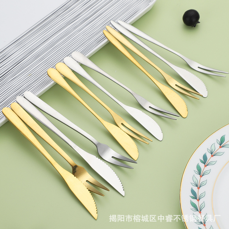 不锈钢中秋节月饼礼品刀叉网红甜品水果刀叉套装两齿叉蛋糕韩式叉