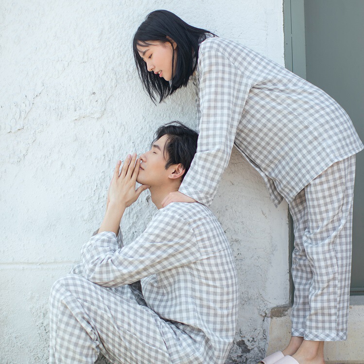Spring and Autumn Cotton Couple Pajamas suit Cotton muji Lapel Plaid Men's and Women's Outer Wear Home Clothes Spring and Autumn Cotton Couple Pajamas suit Cotton muji Lapel Plaid Men's and Women's Outer Wear Home Clothes