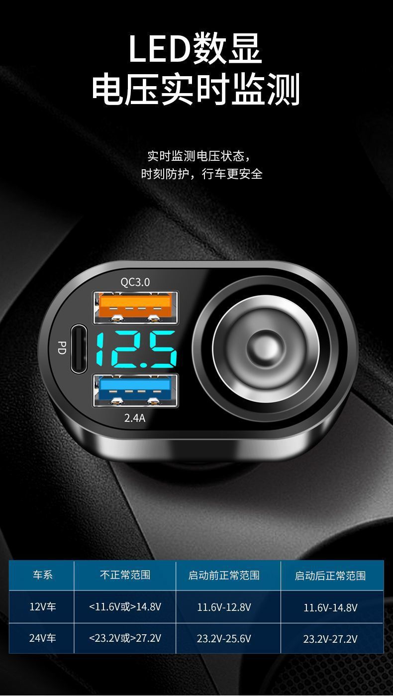 Car-Mounted Super Fast Charging Mobile Phone Charger with Cigarette Lighter Extension Port and Car Charger Adapter