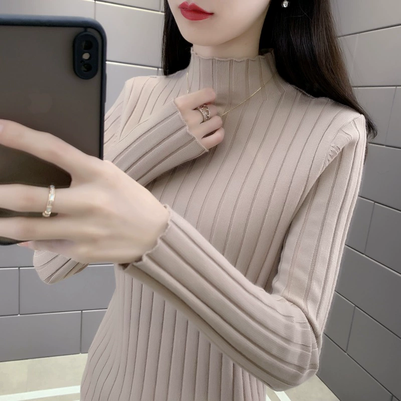 Black knitted elastic sweater, demi-season base body-friendly long-sleeve, slim fit