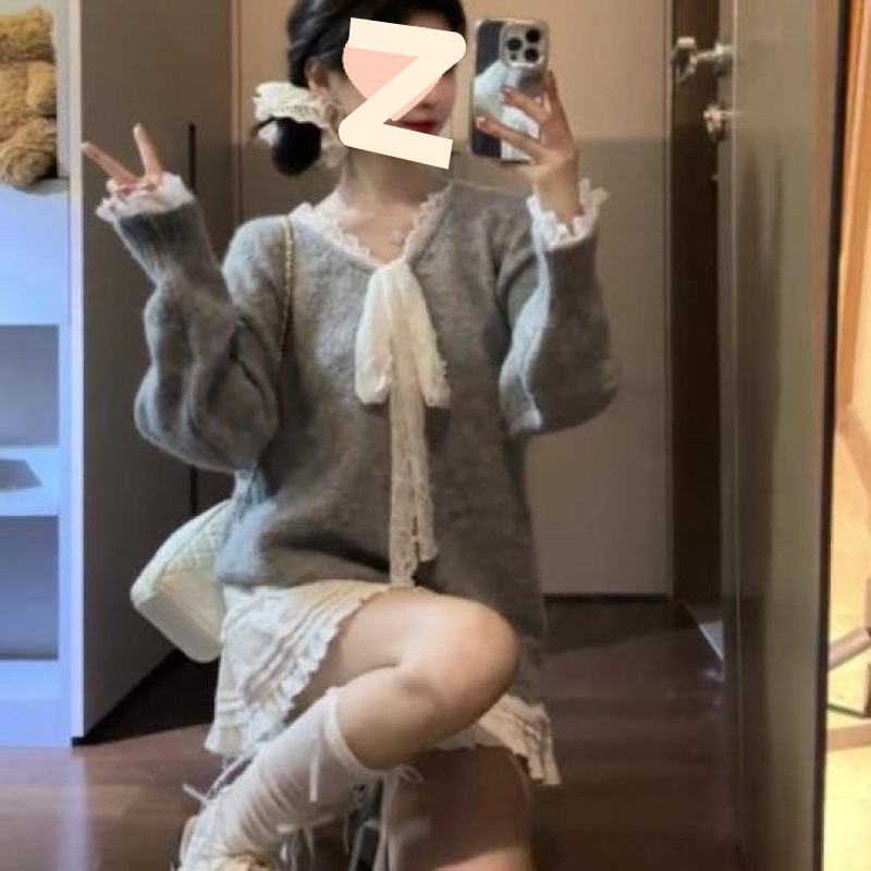 灰色领套头蕾丝拼接假两件毛衣女秋冬宽松外穿慵懒风针织衫上衣|undefined