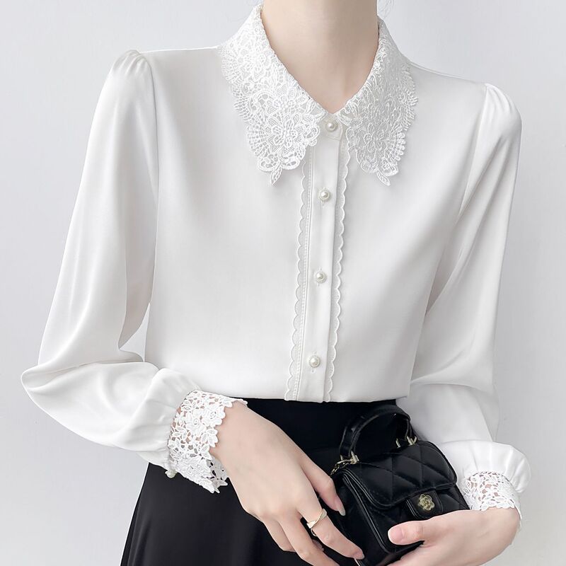 White Lace-Up Collar Lace Hollow-Out Patchwork Satin Shirt for Women, Long-Sleeve, Elegant Professional Commuter Interview Shirt for Autumn