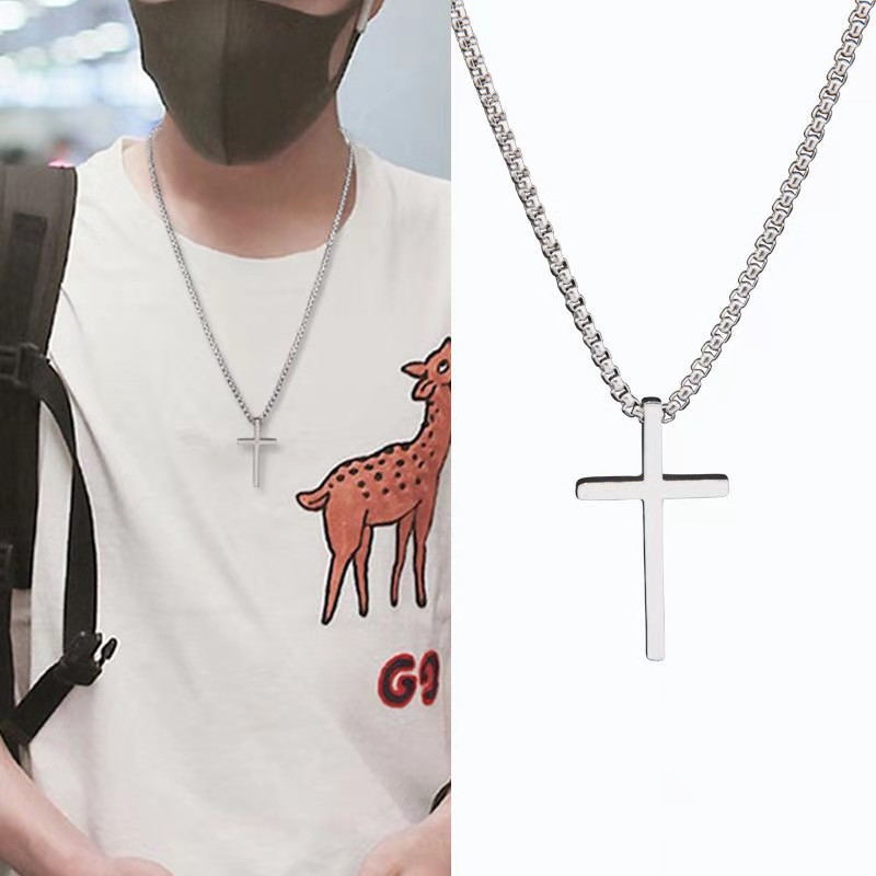 Nuevo collar con cruz lisa de acero de titanio para hombre, colgante de hip hop, cadena larga versátil para suéter, accesorios_voghion.com