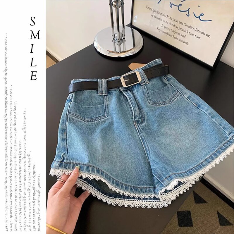 Blue Lace High-Waisted Denim Shorts for Women Summer New Large Size Casual Loose Slimming Look Wide-Leg A-Line Pants