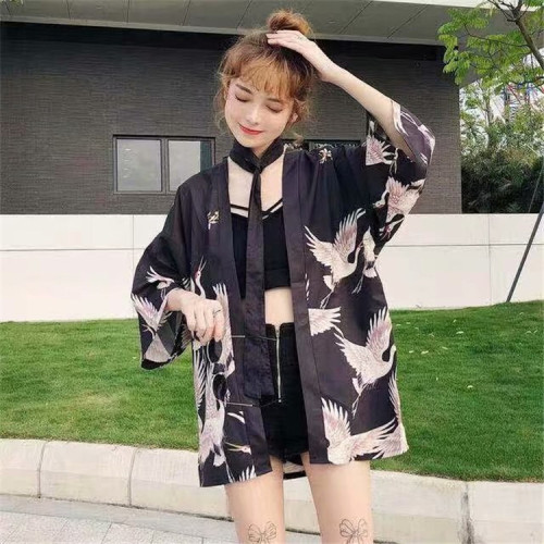 Hanfu short-sleeved shirt women's Korean-style Chinese style Tang suit trendy cropped robe crane couple outfit Japanese retro kimono