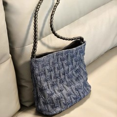 レトロプリーツデニムバケットバッグニッチデザインカジュアルシンプルショルダー脇の下バッグ多用途通勤ハンドバッグ