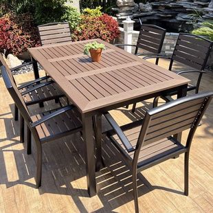 Outdoor Table and Chair Combination Plastic Wood Anti-Corrosion Wood Waterproof Sun Protection Leisure Chair Outdoor Open-Air Balcony Garden Courtyard