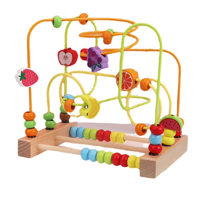 Collares de madera para niños, niños de 1 a 3 años, 2 animales de educación temprana, frutas beneficio, inteligencia mano-ojo, coordinación juguetes de bloque de construcción
