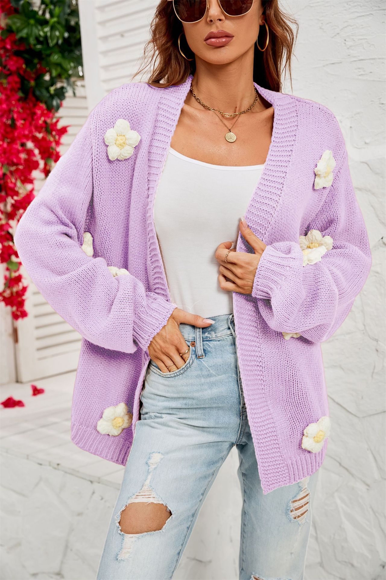 2023 primavera nuevo estilo europeo y americano de talla grande ropa de mujer rebeca de flores transfronterizas de Amazon suéter de manga de linterna chaqueta mujer image 11