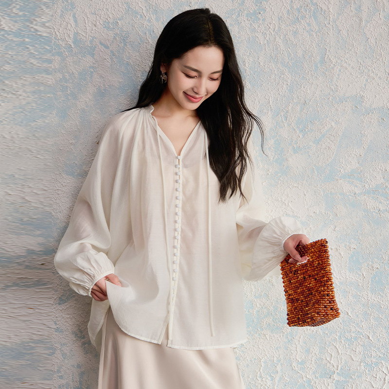 Summer New Viscose National Style Embroidered V-Neck Tie-Up Youthful Shirt New Chinese Style Elegant Shirt Women's Loose Top