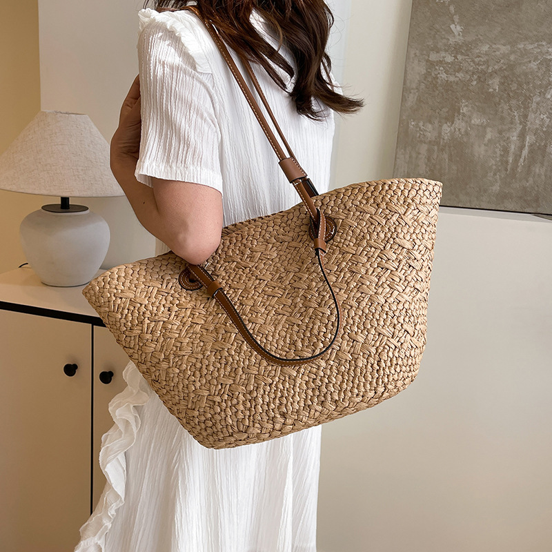 Stylish Solid Color Woven Bag, Large Capacity Vacation Straw Tote Bag, Market Basket Bag For Women (Available In Small And Large) - Thumbnail 3