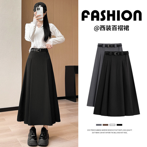 Women's spring and summer new style high-waist slimming high-end mid-length dress elegant temperament anti-wrinkle suit pleated skirt
