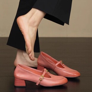 Soft leather version ~ retro versatile camellia shoes women's one-step leather thick heel T-shaped buckle Mary Jane loafers