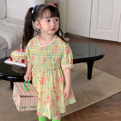 Floral Dress for Girls 2024 Summer New Children's Embroidered Handmade Princess Dress Korean Style Short Sleeve Dress